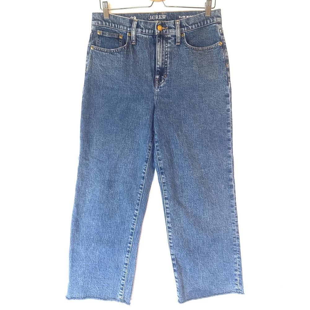 J.Crew Slim Wide Leg Jeans Womens 28 Blue Medium Wash Raw Hem High Rise Denim